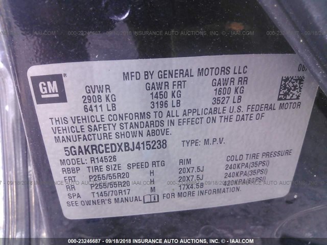 5GAKRCEDXBJ415238 - 2011 BUICK ENCLAVE CXL 黑色 照片 9