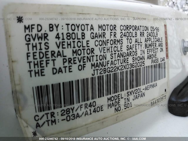JT2BG22K2X0362025 - 1999 TOYOTA CAMRY LE/XLE WHITE photo 9