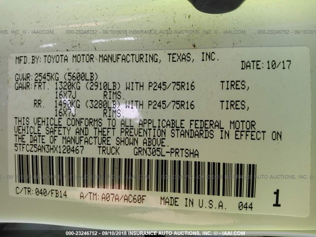 5TFCZ5AN3HX120467 - 2017 TOYOTA TACOMA DOUBLE CAB/SR/SR5/TRD SPO WHITE photo 9