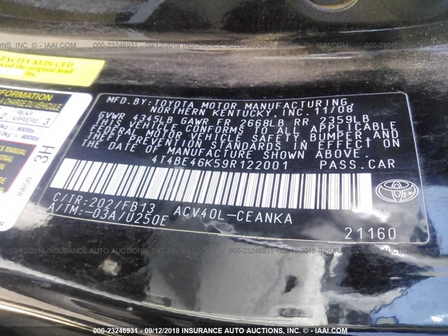 4T4BE46K59R122001 - 2009 TOYOTA CAMRY SE/LE/XLE 黑色 照片 9