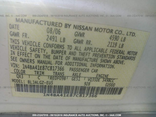 1N4BA41E87C817366 - 2007 NISSAN MAXIMA SE/SL WHITE photo 9