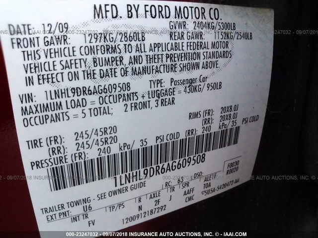 1LNHL9DR6AG609508 - 2010 LINCOLN MKS RED photo 9