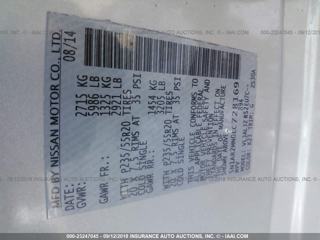 5N1AR2MN0EC728169 - 2014 NISSAN PATHFINDER S/SV/SL/PLATINUM SILVER photo 9