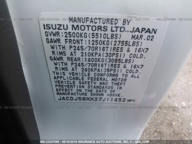 JACDJ58XX27J11452 - 2002 ISUZU TROOPER S/LS/LIMITED 白色 照片 9