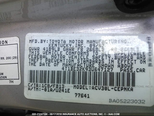 4T1BE32K93U647127 - 2003 TOYOTA CAMRY LE/XLE/SE Gümüş foto 9