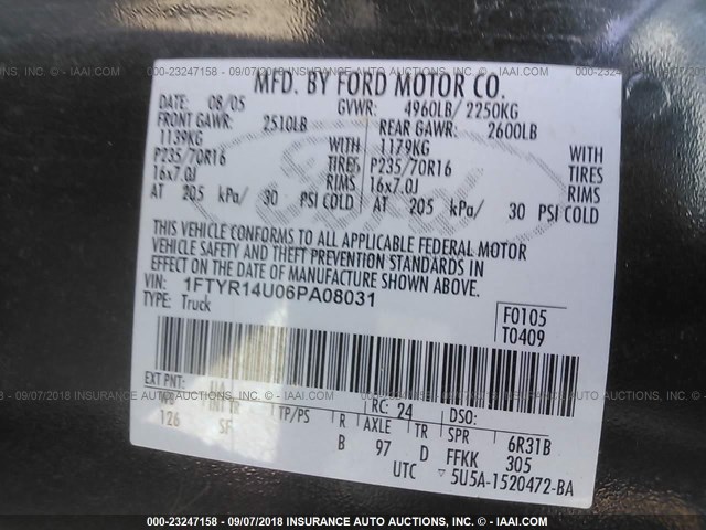 1FTYR14U06PA08031 - 2006 FORD RANGER SUPER CAB BLACK photo 9