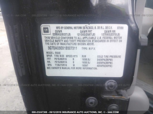 3G7DA03EX1S507311 - 2001 PONTIAC AZTEK BLACK photo 9