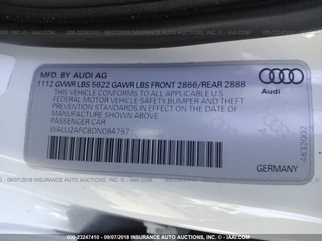 WAUJ2AFC8DN084757 - 2013 AUDI S6 WHITE photo 9