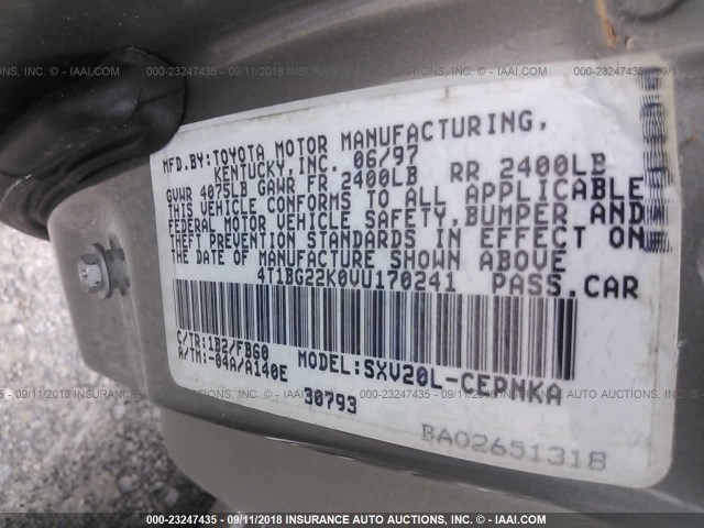 4T1BG22K0VU170241 - 1997 TOYOTA CAMRY CE/LE/XLE ნაცრისფერი ფოტო 9