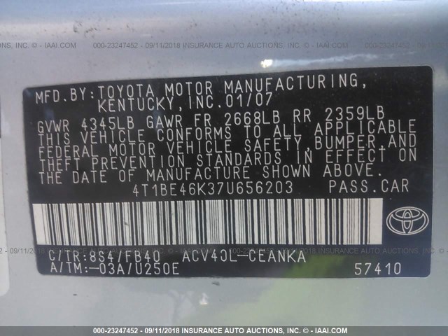 4T1BE46K37U656203 - 2007 TOYOTA CAMRY NEW GENERAT CE/LE/XLE/SE Light Blue photo 9