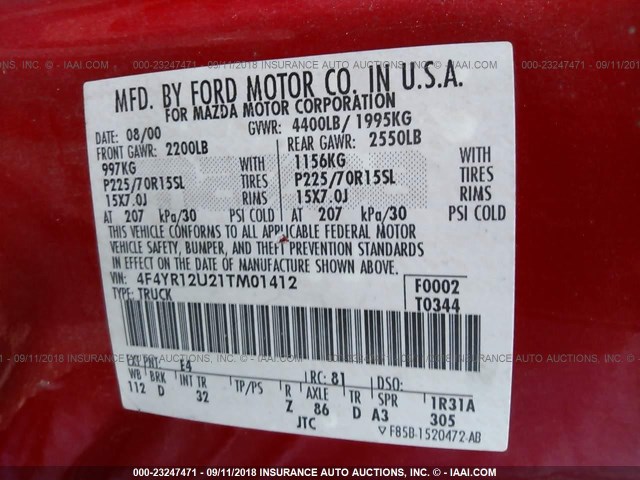 4F4YR12U21TM01412 - 2001 MAZDA B3000 RED photo 9