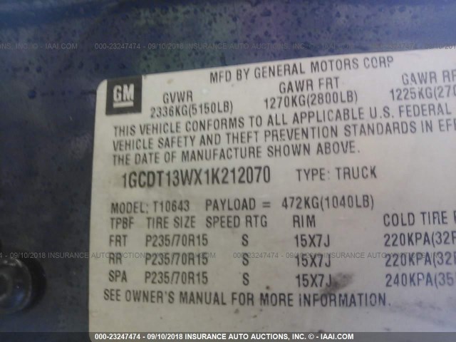 1GCDT13WX1K212070 - 2001 CHEVROLET S TRUCK S10 BLUE photo 9