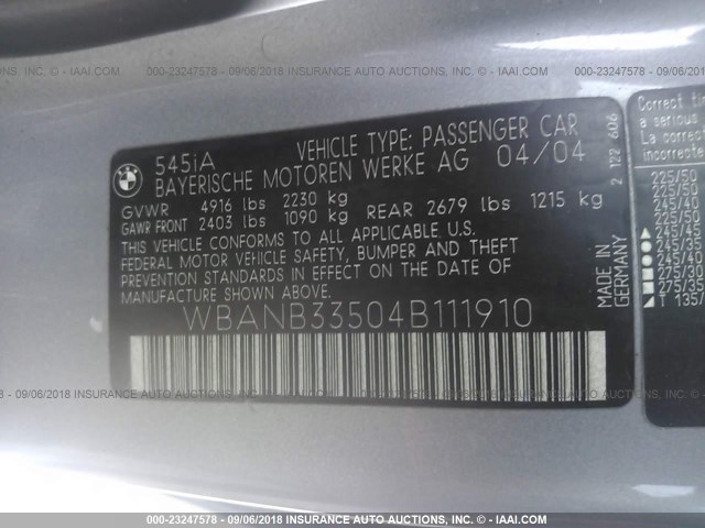 WBANB33504B111910 - 2004 BMW 545 I GRAY photo 9