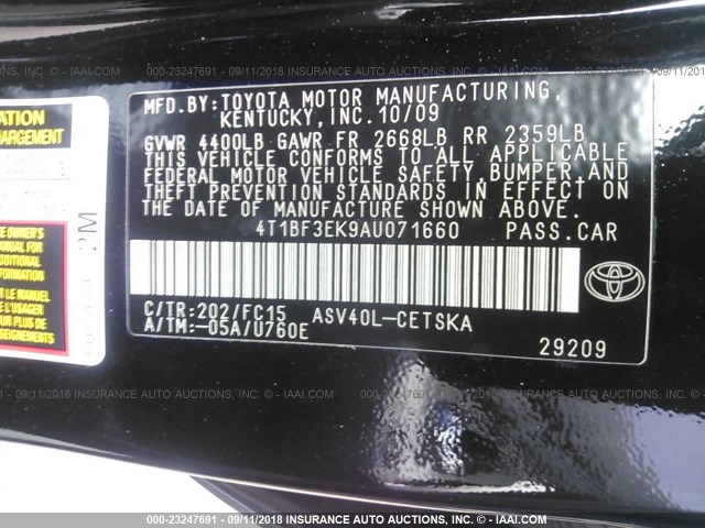 4T1BF3EK9AU071660 - 2010 TOYOTA CAMRY SE/LE/XLE შავი ფოტო 9