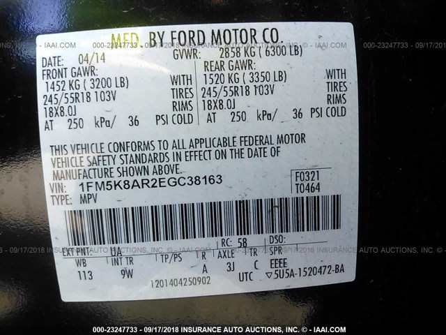 1FM5K8AR2EGC38163 - 2014 FORD EXPLORER POLICE INTERCEPTOR BLACK photo 9