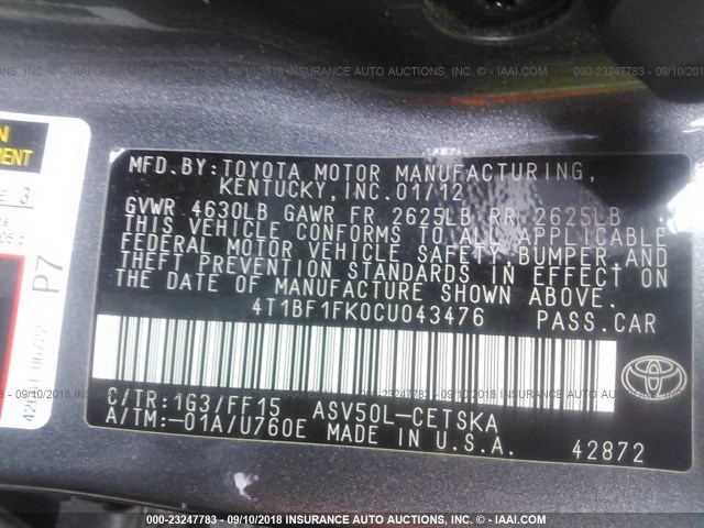 4T1BF1FK0CU043476 - 2012 TOYOTA CAMRY SE/LE/XLE 灰色 照片 9