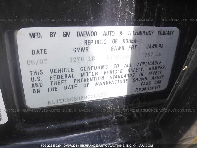 KL1TD66608B026279 - 2008 CHEVROLET AVEO LS BLACK photo 9