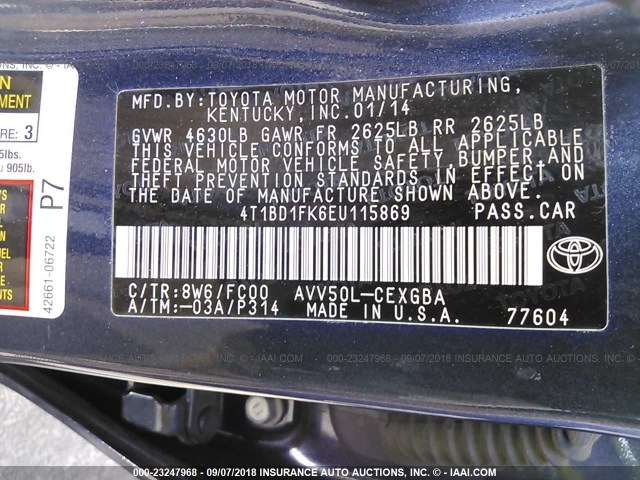 4T1BD1FK6EU115869 - 2014 TOYOTA CAMRY HYBRID/LE/XLE 深蓝色 照片 9