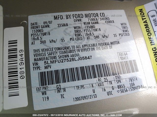 5LMFU27528LJ05847 - 2008 LINCOLN NAVIGATOR Gold Foto 9