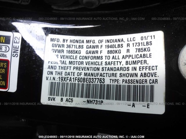 19XFA1F60BE037763 - 2011 HONDA CIVIC LX-S Qara foto 9