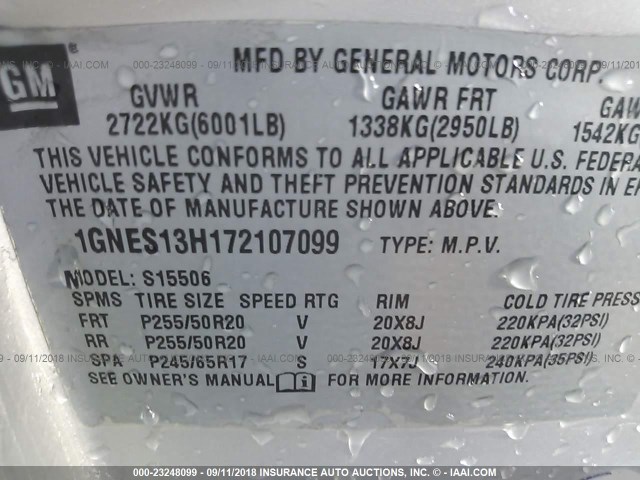 1GNES13H172107099 - 2007 CHEVROLET TRAILBLAZER SS SILVER photo 9