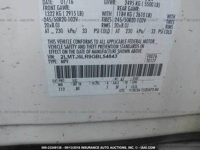 2LMTJ6LR9GBL54843 - 2016 LINCOLN MKX RESERVE Սպիտակ լուսանկար 9