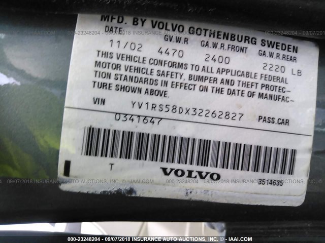 YV1RS58DX32262827 - 2003 VOLVO S60 2.4T Light Blue photo 9