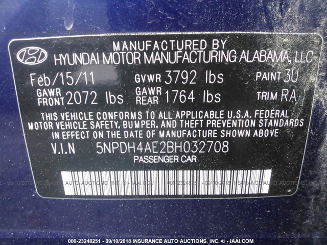 5NPDH4AE2BH032708 - 2011 HYUNDAI ELANTRA GLS/LIMITED BLUE photo 9