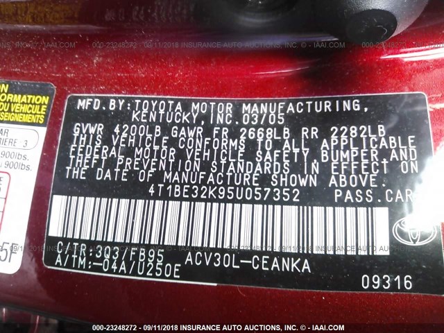 4T1BE32K95U057352 - 2005 TOYOTA CAMRY LE/XLE/SE Bordo foto 9