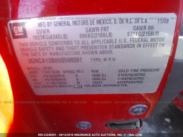 3GNCA13B89S598591 - 2009 CHEVROLET HHR LS RED photo 9
