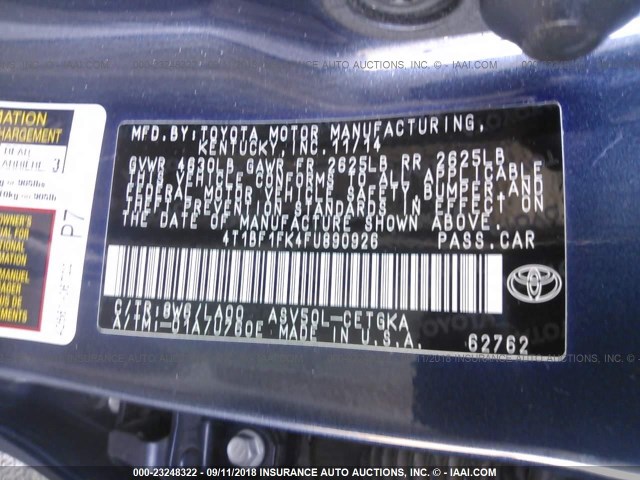 4T1BF1FK4FU890926 - 2015 TOYOTA CAMRY LE/XLE/SE/XSE BLUE photo 9