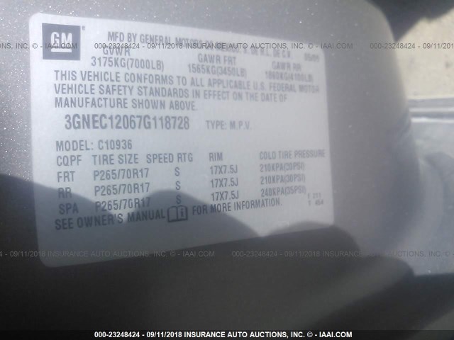 3GNEC12067G118728 - 2007 CHEVROLET AVALANCHE C1500 GRAY photo 9