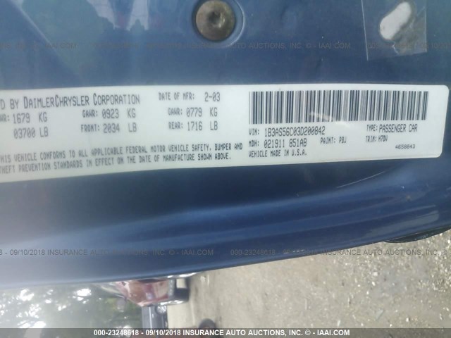 1B3AS56C03D200842 - 2003 DODGE NEON SXT 蓝色 照片 9