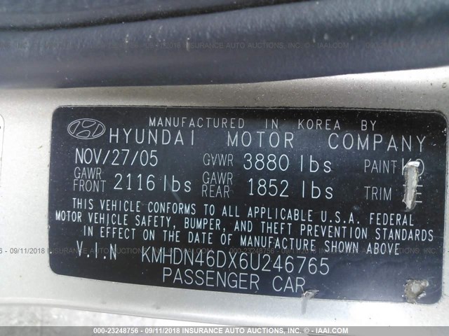 KMHDN46DX6U246765 - 2006 HYUNDAI ELANTRA GLS/GT/LIMITED GOLD photo 9