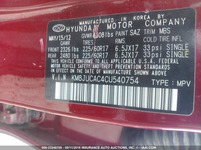 KM8JUCAC4CU540754 - 2012 HYUNDAI TUCSON GLS/LIMITED RED photo 9