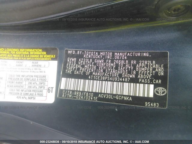 4T1CE38P54U934487 - 2004 TOYOTA CAMRY SOLARA SE/SLE Mavi foto 9