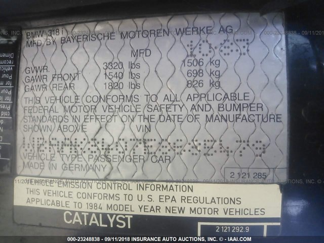 WBAAK8407E8685479 - 1984 BMW 318 I AUTOMATIC BLACK photo 9
