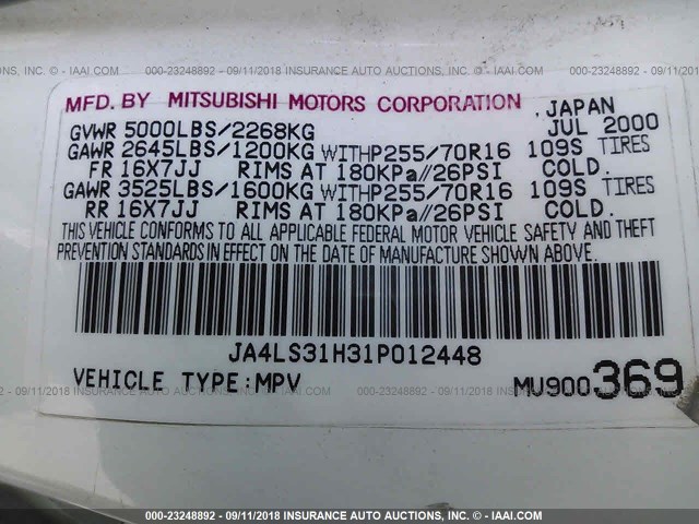 JA4LS31H31P012448 - 2001 MITSUBISHI MONTERO SPORT XLS WHITE photo 9