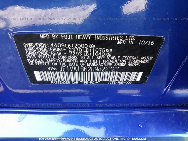 JF1VA1B62H9822323 - 2017 SUBARU WRX BLUE photo 9