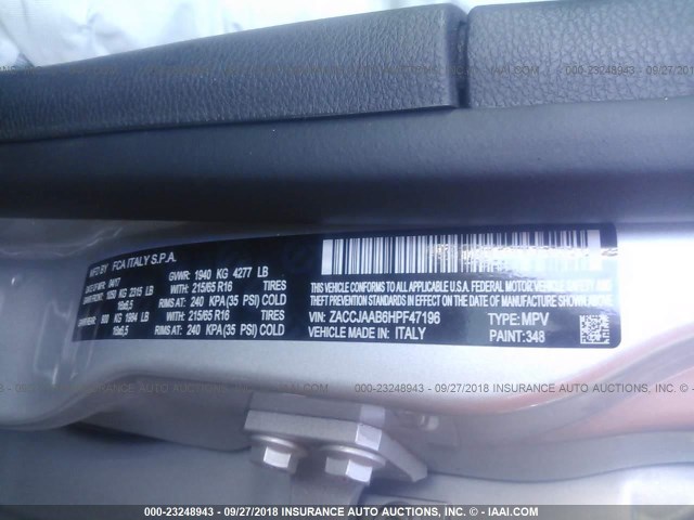 ZACCJAAB6HPF47196 - 2017 JEEP RENEGADE SPORT Արծաթագույն լուսանկար 9