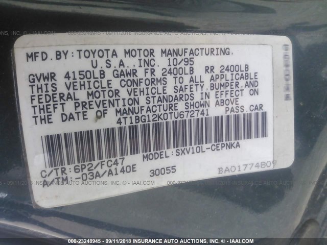 4T1BG12K0TU672741 - 1996 TOYOTA CAMRY DX/LE/XLE GREEN photo 9