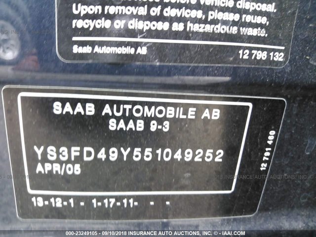 YS3FD49Y551049252 - 2005 SAAB 9-3 ARC Dark Blue photo 9