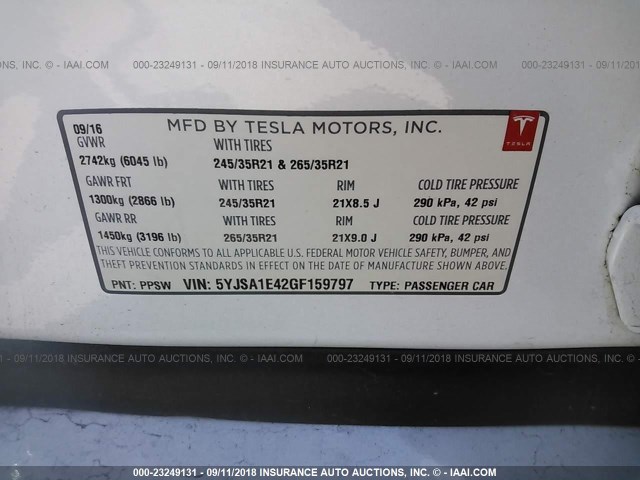 5YJSA1E42GF159797 - 2016 TESLA MODEL S Weiß Foto 9
