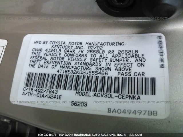 4T1BE32K02U555466 - 2002 TOYOTA CAMRY LE/XLE/SE Алтын фото 9