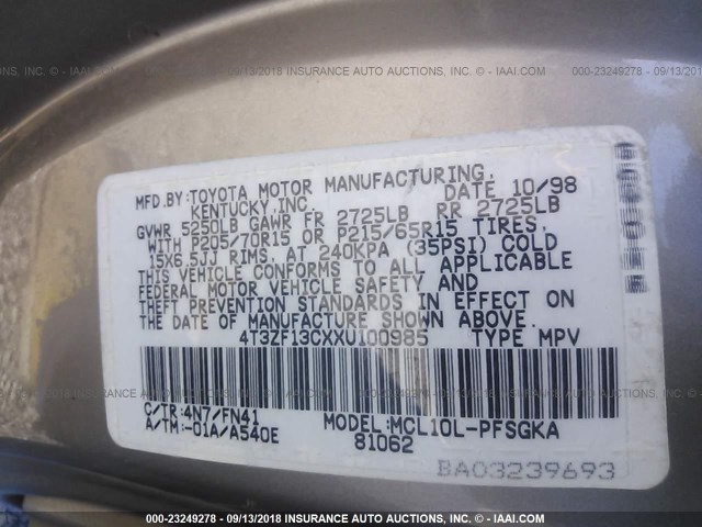 4T3ZF13CXXU100985 - 1999 TOYOTA SIENNA LE/XLE BROWN photo 9