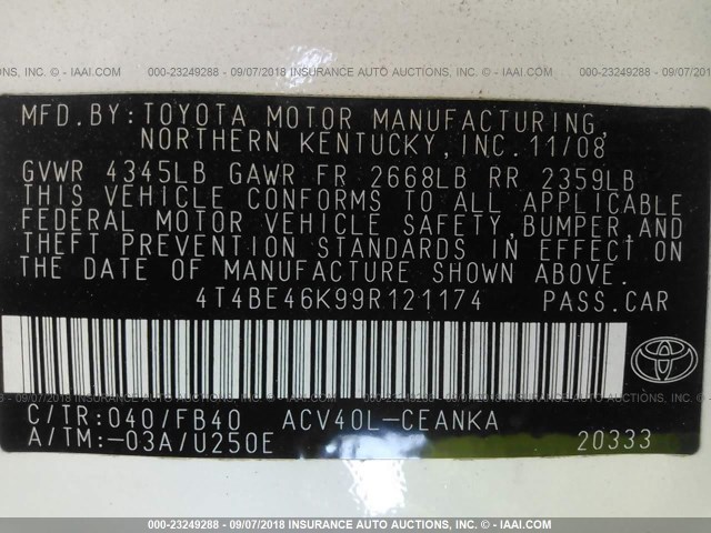 4T4BE46K99R121174 - 2009 TOYOTA CAMRY SE/LE/XLE თეთრი ფოტო 9