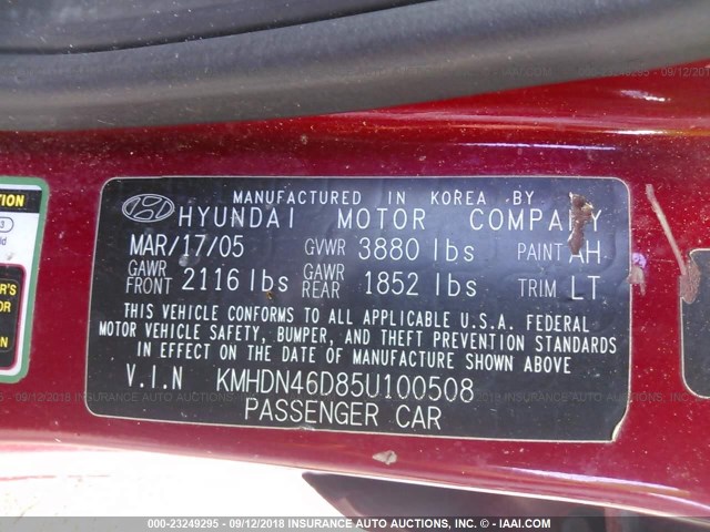 KMHDN46D85U100508 - 2005 HYUNDAI ELANTRA GLS/GT RED photo 9