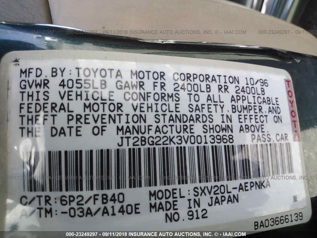 JT2BG22K3V0013968 - 1997 TOYOTA CAMRY LE/XLE GREEN photo 9