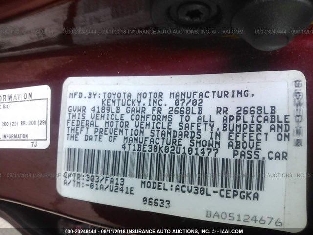 4T1BE30K02U101477 - 2002 TOYOTA CAMRY LE/XLE/SE RED photo 9