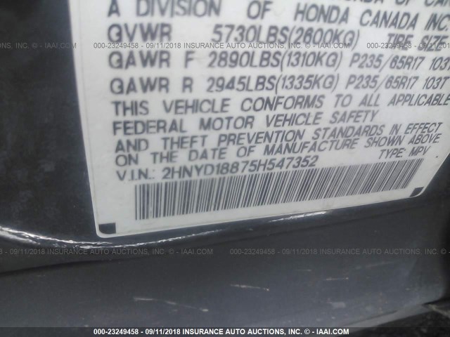 2HNYD18875H547352 - 2005 ACURA MDX TOURING GRAY photo 9